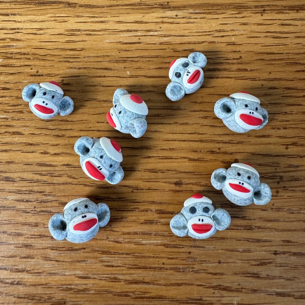 Set of 8 Sock Monkey Polymer Clay Beads Jewelry Making Grey Red White Handmade